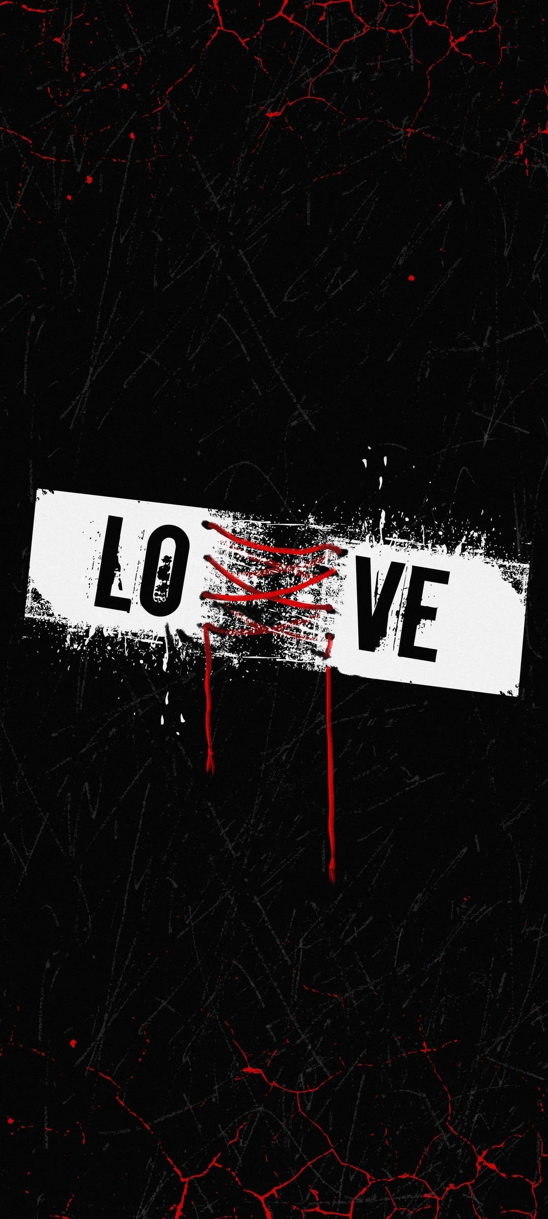 LOVE text on a stitched white banner with blood splatters and scratches on a dark vertical background.