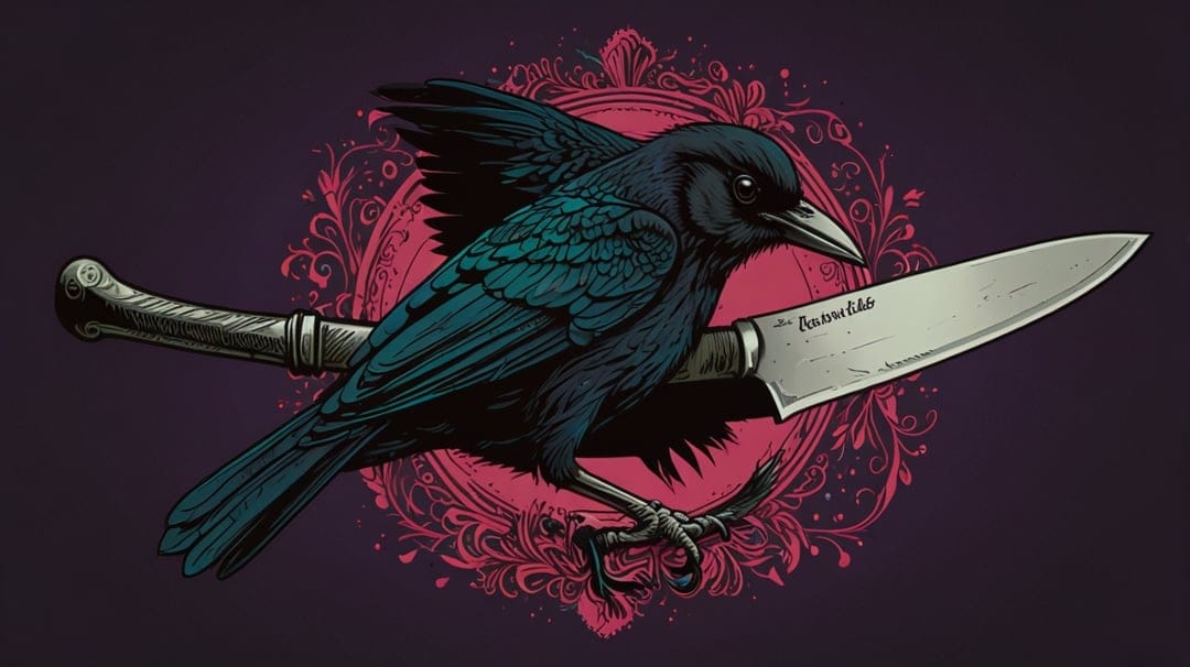Iridescent black crow perched on a silver dagger handle against a backdrop of pink ornate swirling flourishes.