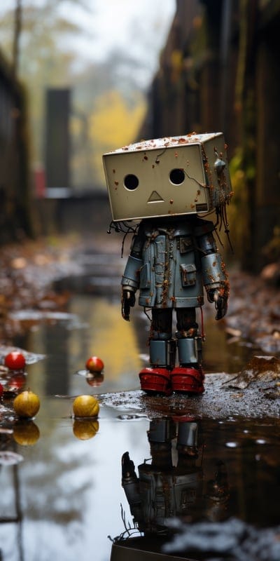 robot,cube,sadness,reflection,dirt,water