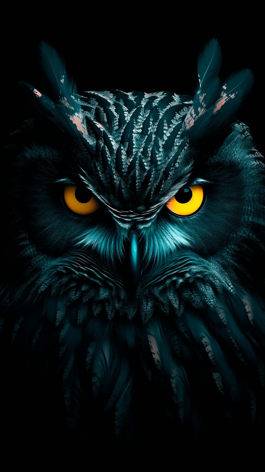 Owl with glowing yellow eyes stares forward while teal light catches the edges of its intricate facial feathers.