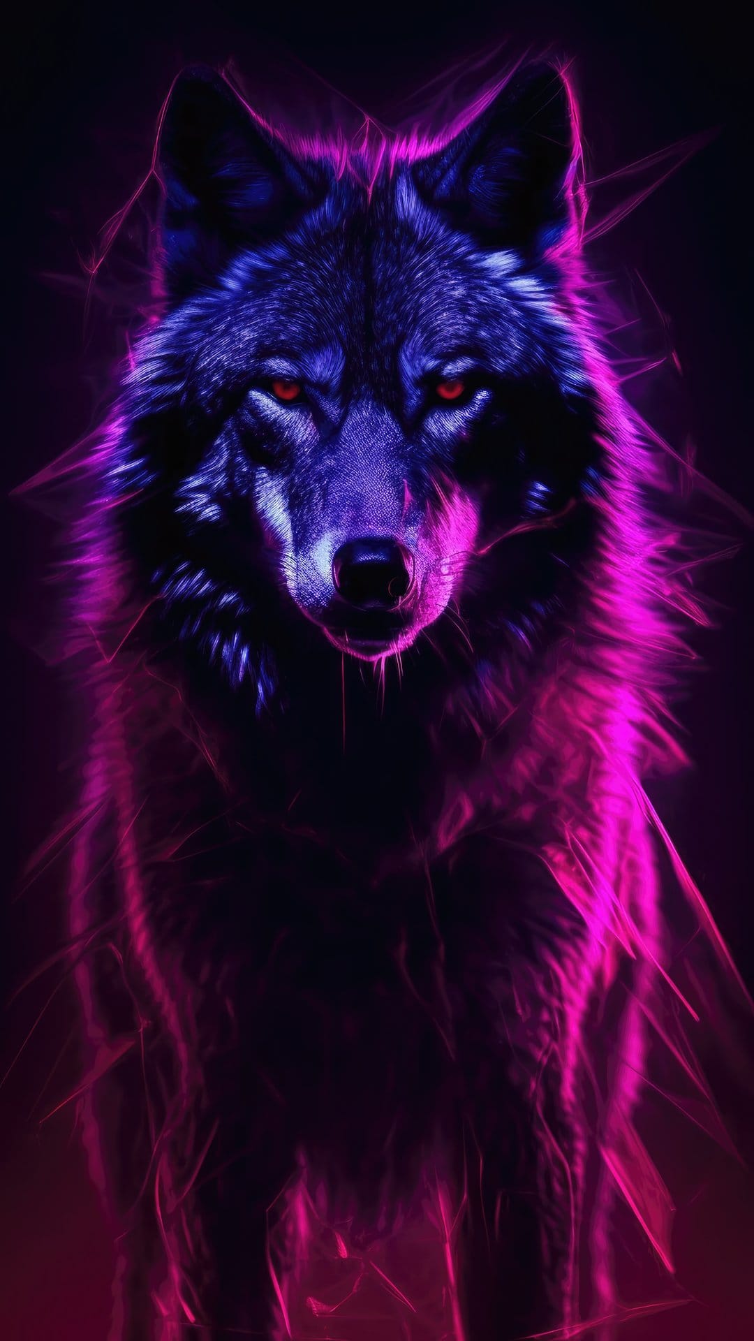 Wolf head featuring glowing crimson eyes and electric purple fur textures illuminated by abstract light streaks.