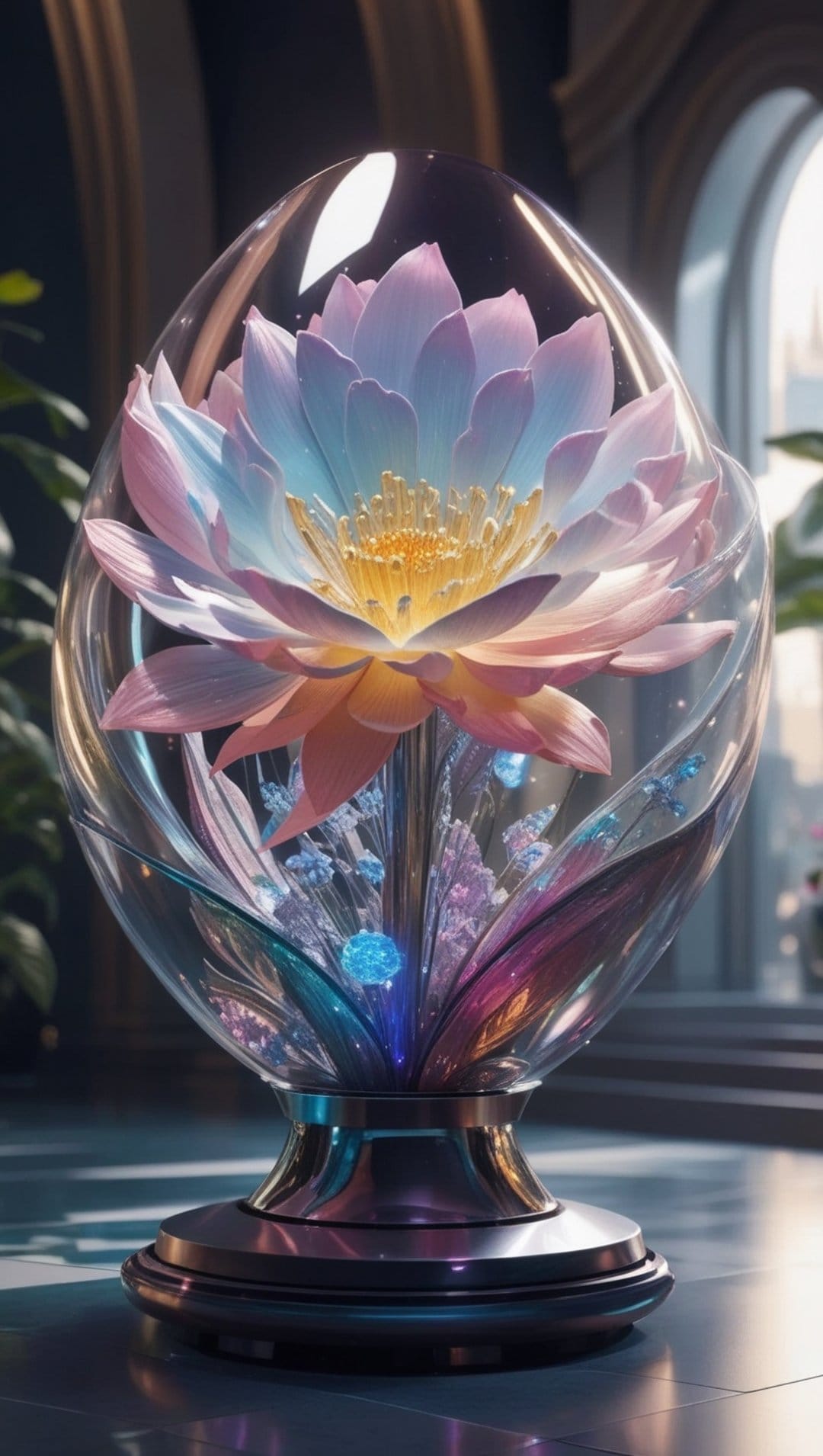 Pink and blue lotus flower inside a glass orb resting on a lit pedestal with ethereal glowing accents.