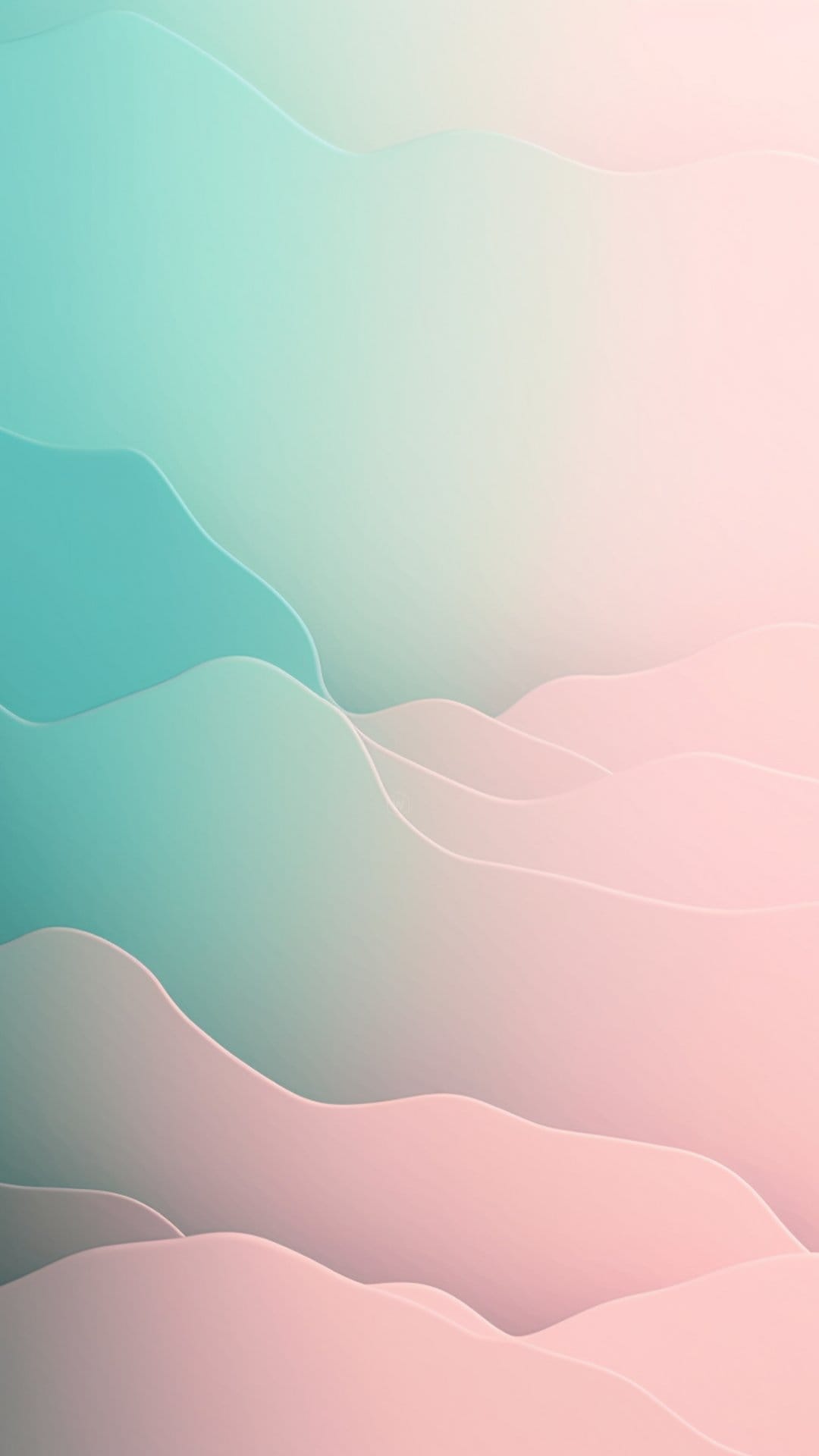 Teal and pink flowing waves overlap with soft shadows in a vertical minimalist abstract composition.