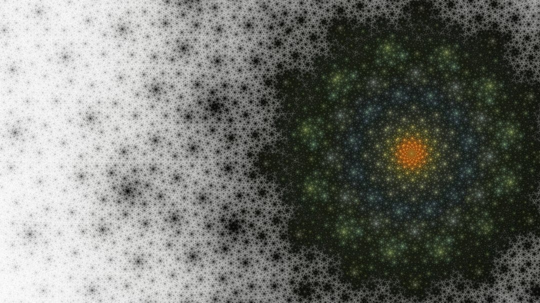Orange light radiates through a complex geometric spiral transitioning into blue and green fractals.