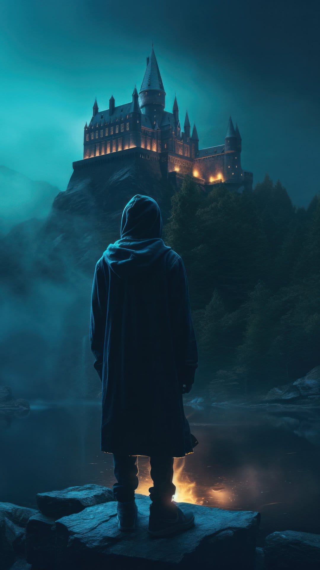 Hooded traveler in a dark cloak stands on jagged rocks by a campfire overlooking a glowing mountain castle.