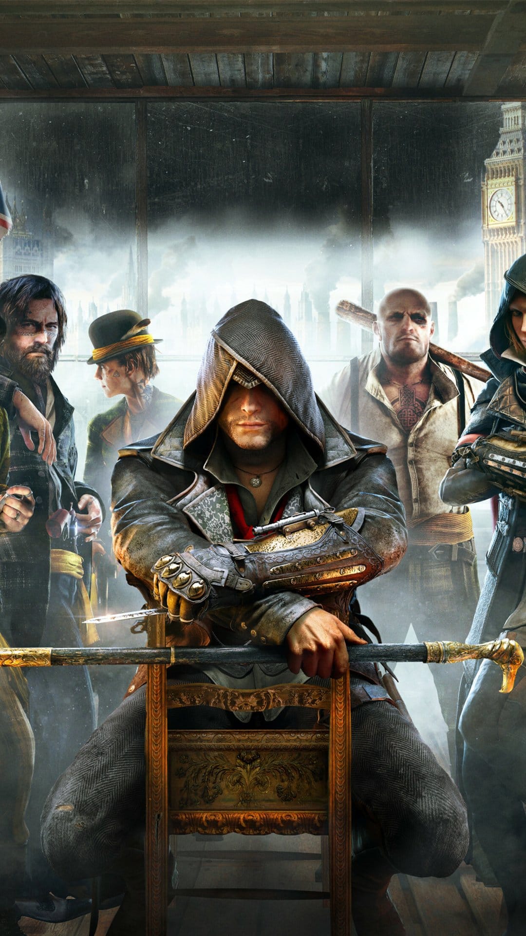Jacob Frye sits in a wooden chair with a hidden blade and cane sword against a Victorian London city backdrop.
