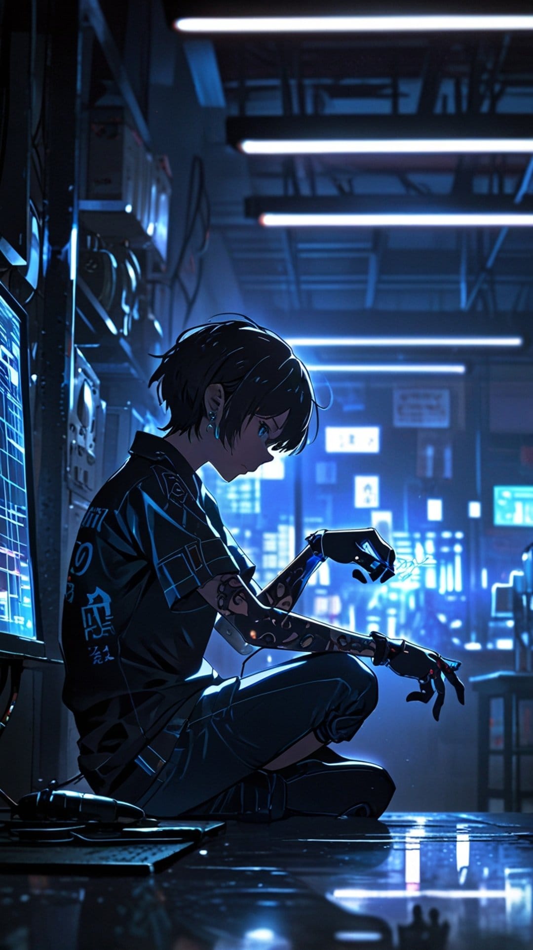 Anime character with a handheld device sits in a dark room illuminated by glowing blue computer screens and wires.