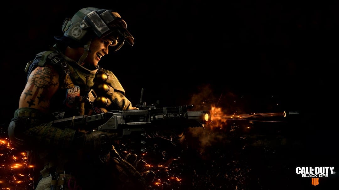 A soldier shouting while firing a grenade launcher with bright orange sparks against a black background.