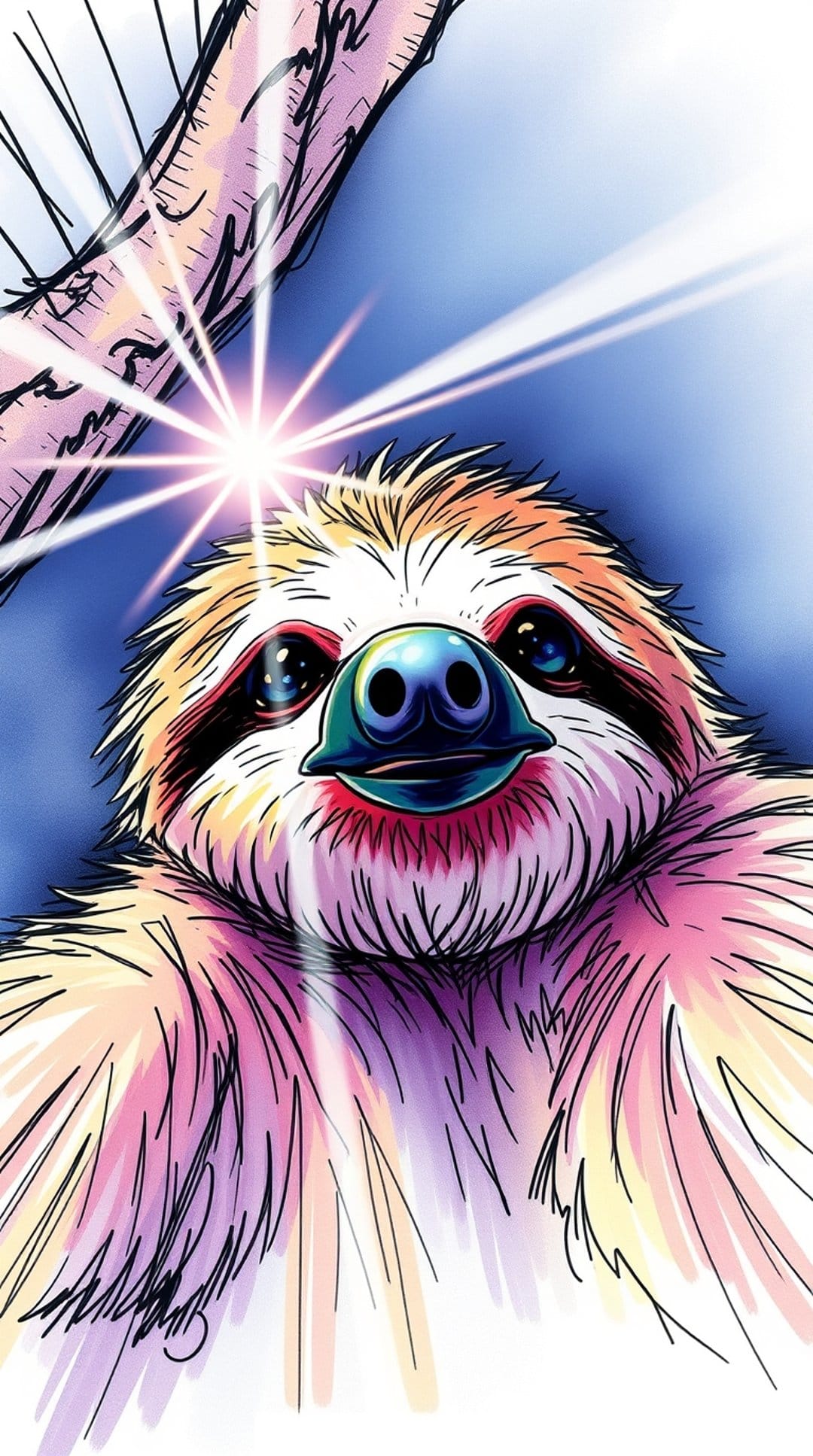Sloth character with large dark eyes hangs from a branch against a bright yellow sunburst and pink sky.