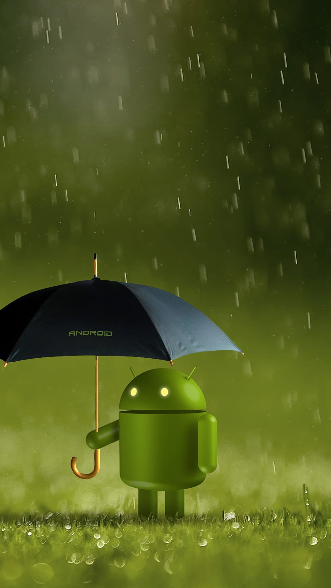 Android robot holds a black umbrella amid raindrops and wet grass in a lush green, out-of-focus field.