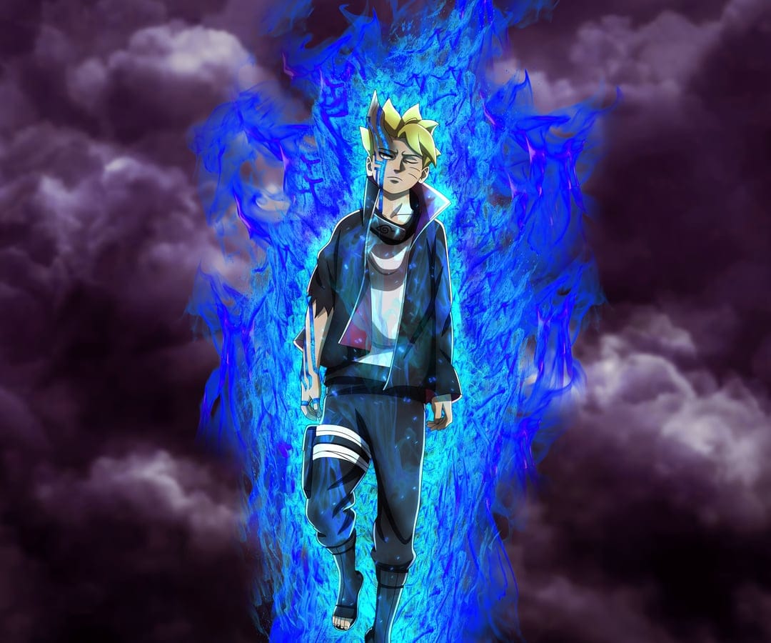 Boruto Uzumaki stands amidst swirling blue energy arcs and dark storm clouds with a determined expression.