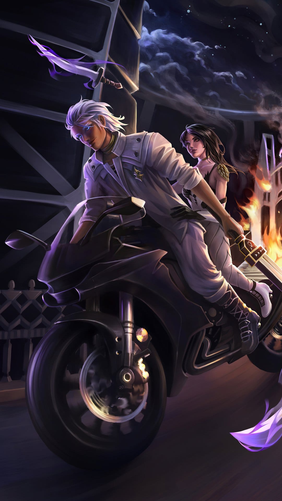 White-haired man and dark-haired woman on a motorcycle speeding past ruins and flames under a dark night sky.