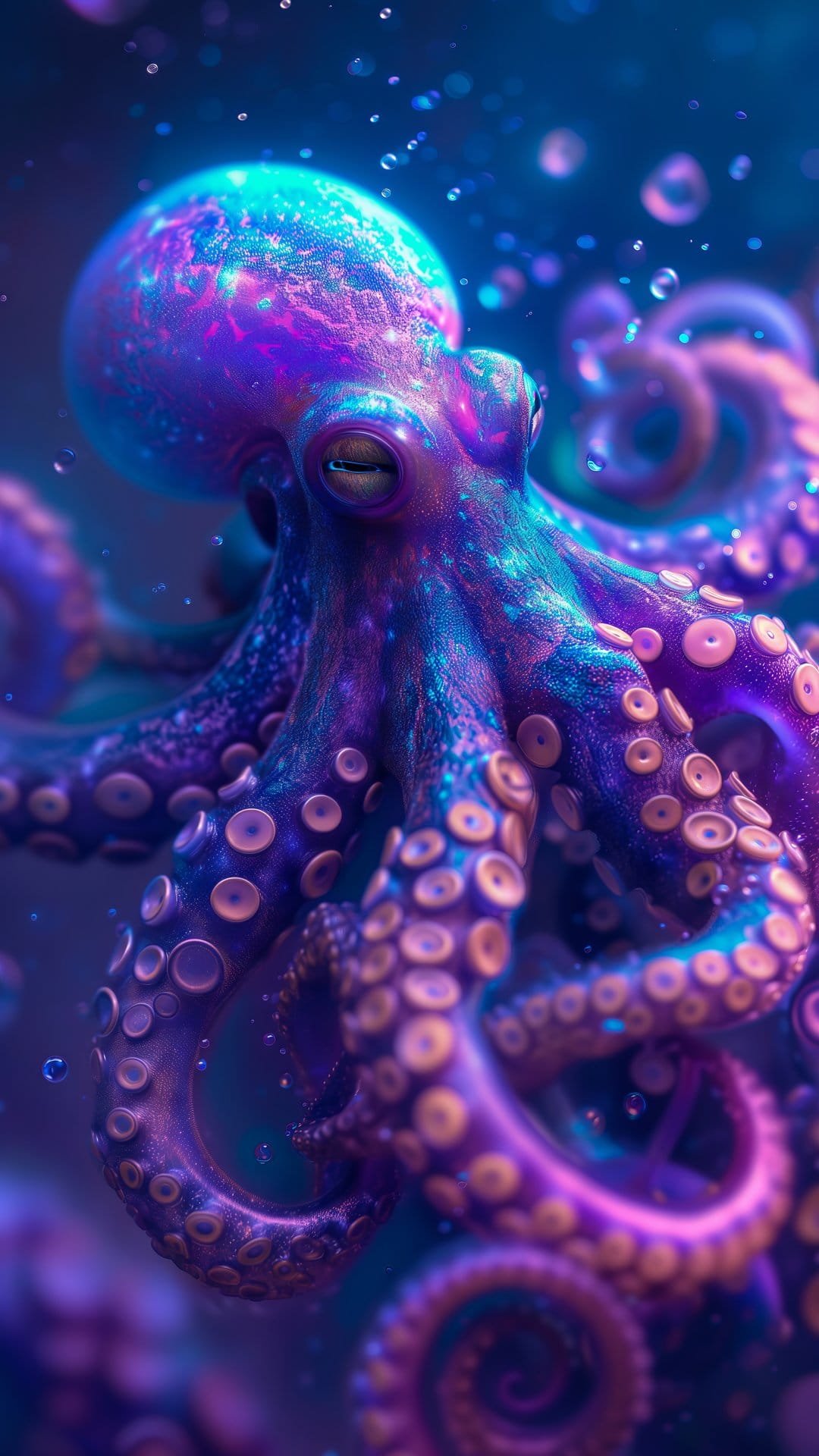 Bioluminescent purple octopus with glowing suction cups floating in dark water with tiny rising bubbles.