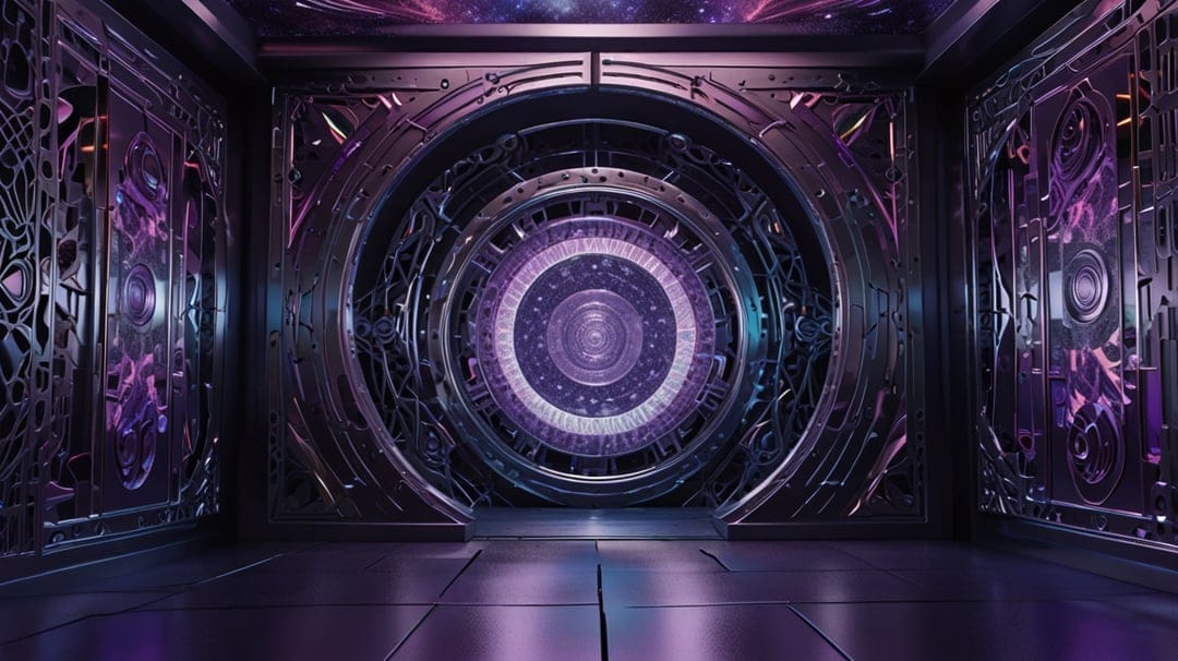 Large circular portal with violet energy glows in a metallic sci-fi room with reflective industrial flooring.