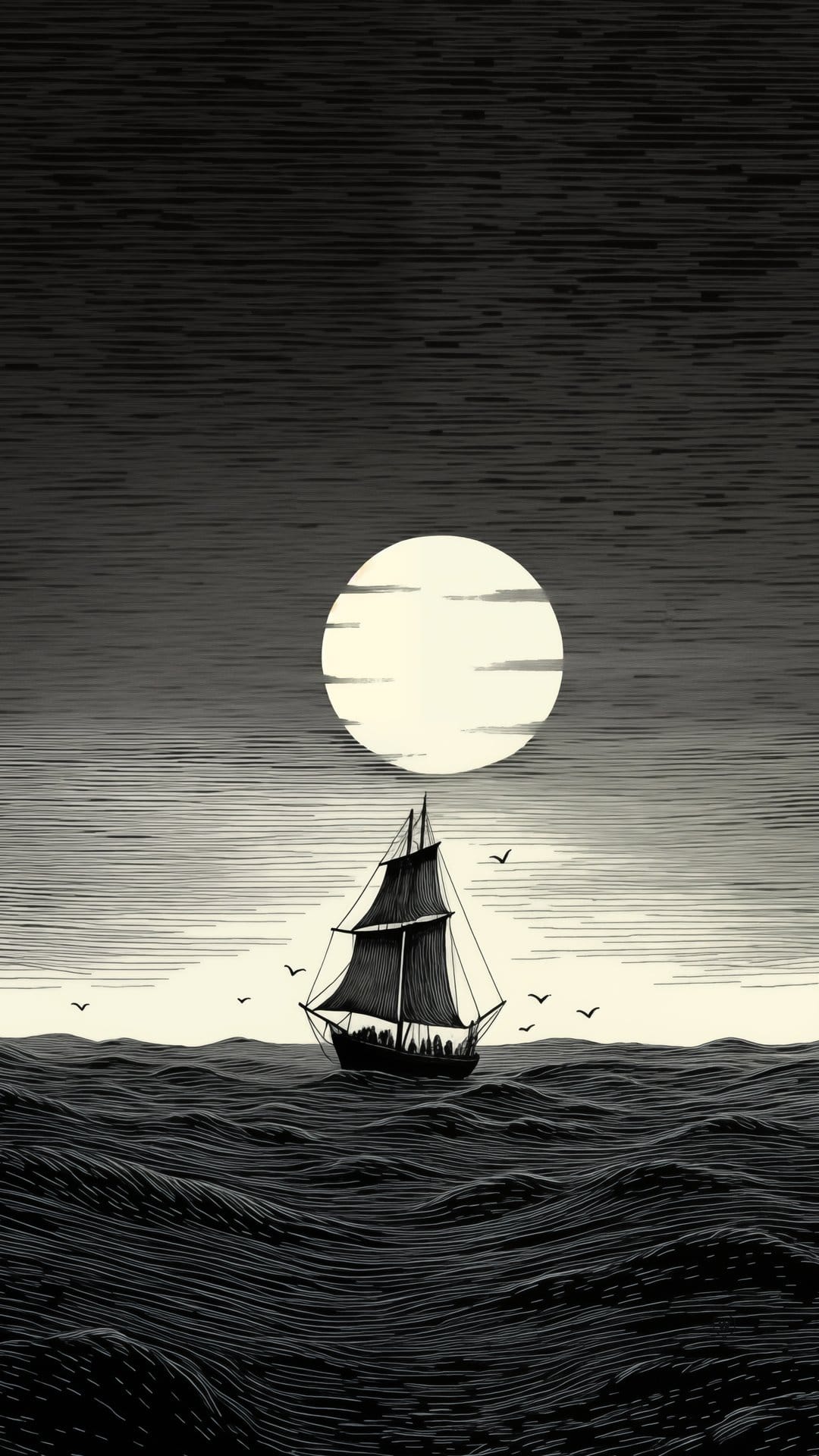 Sailboat with silhouetted crew members navigates rough ocean waves under a massive, glowing full moon at night.