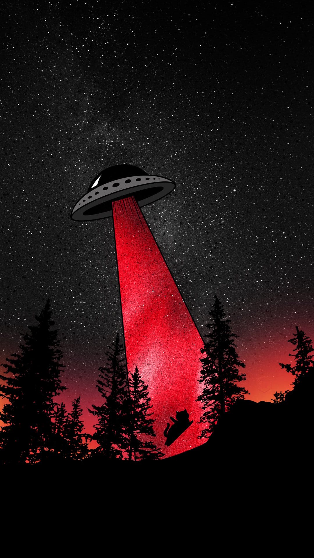 Cat silhouette floats in a red UFO tractor beam above a pine forest under a star-filled purple night sky.