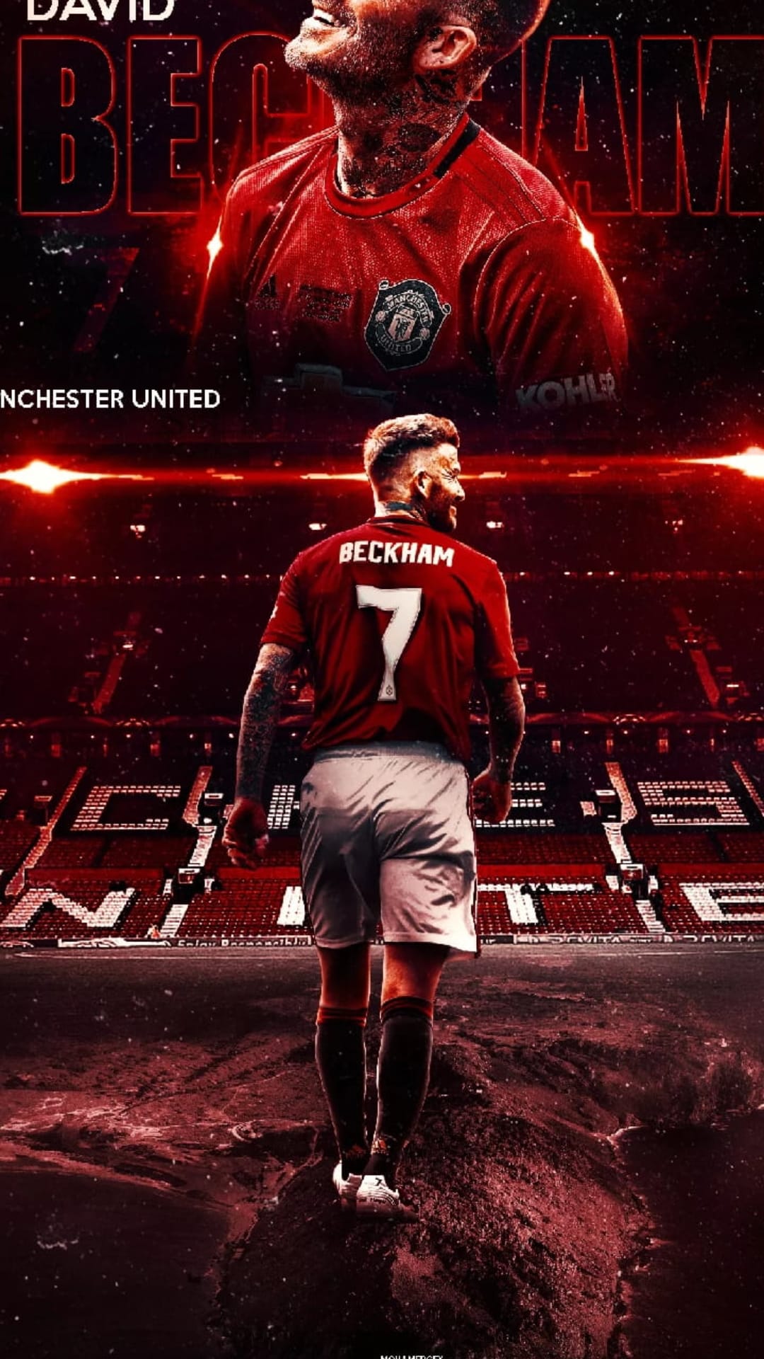 David Beckham wearing his red Manchester United number 7 jersey stands before a blurred, lit football stadium.