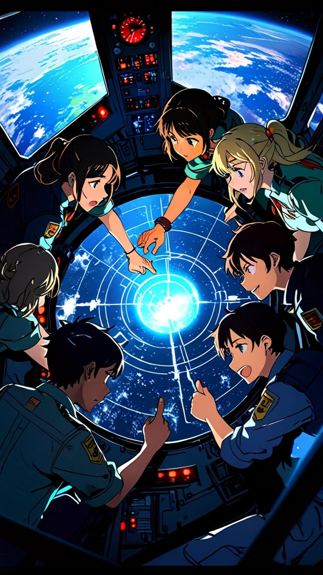 Anime crew members point toward a glowing blue portal inside a spaceship cockpit with Earth in the background.
