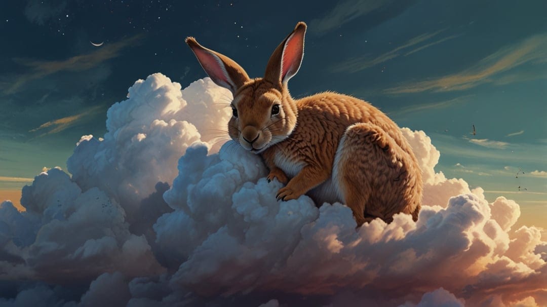 Fluffy brown rabbit sleeping atop white billowy clouds against a starry twilight sky with a crescent moon.