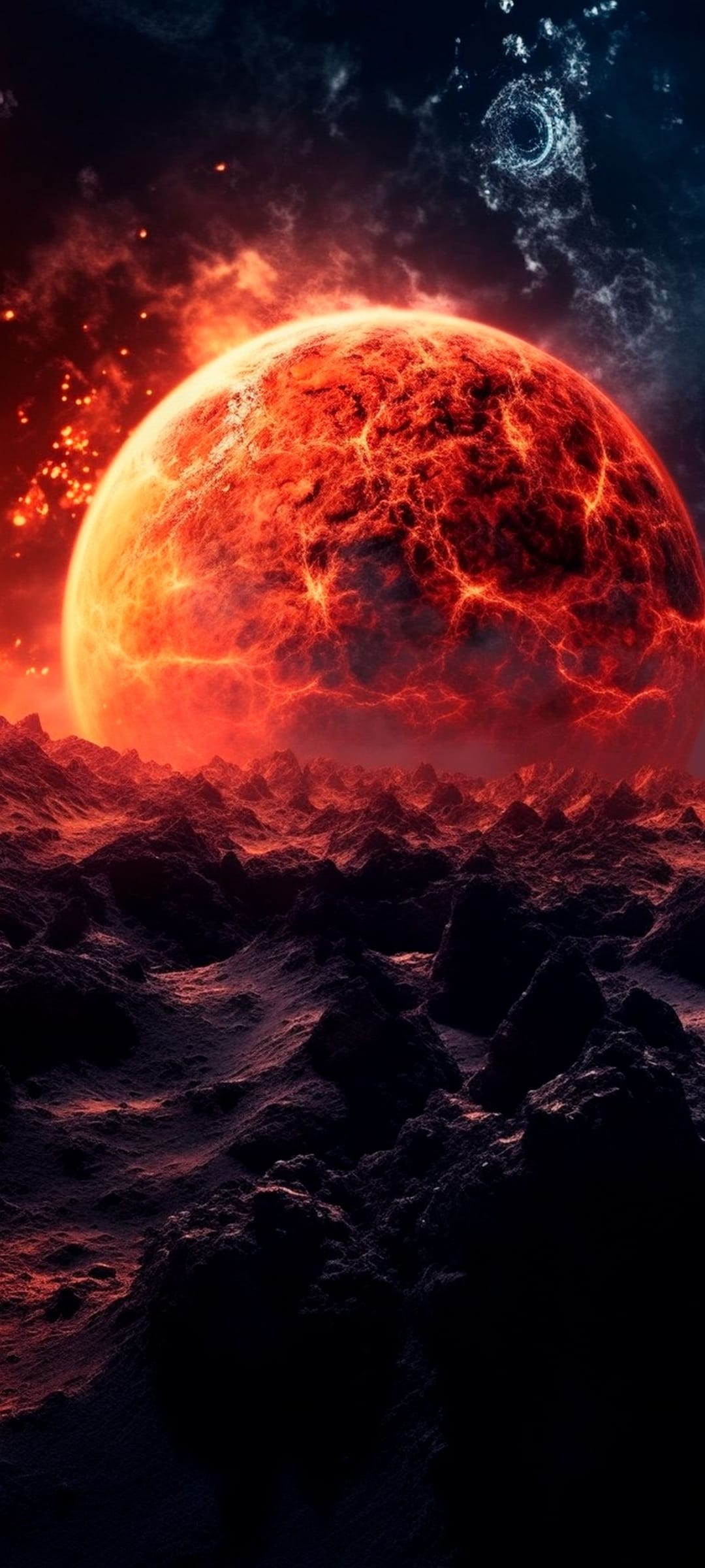 Giant glowing volcanic planet hovering over a dark jagged canyon with swirling orange embers and smoke clouds.