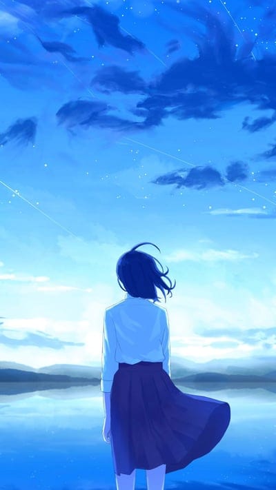 serene, anime girl, tranquil, blue sky, reflection, lake, peaceful, contemplation, horizon, starry sky, character back, landscape, calm, digital art, dreamy, beautiful, artistic, quiet moment