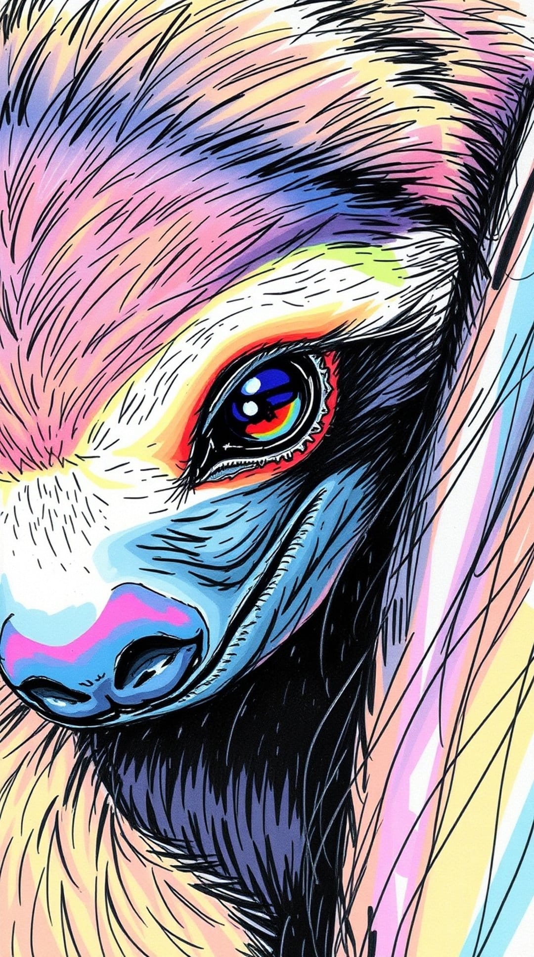 Sloth face with stylized pink fur features a large eye containing a vibrant circular rainbow color spectrum.
