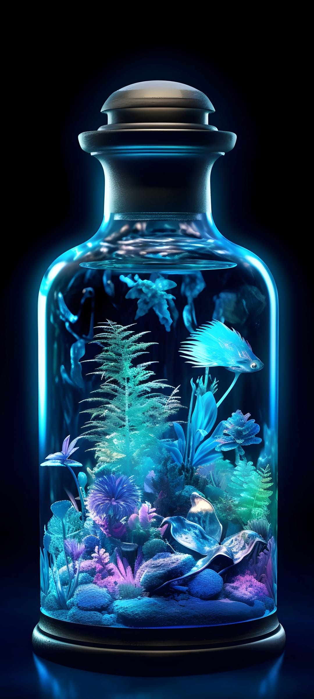 Blue neon fish swims among glowing flora inside a glass bottle resting against a dark, shadowy background.