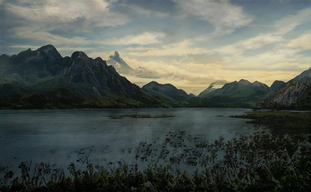 Jagged mountains rising above a mirrored lake with tall marsh reeds in the foreground under a cloudy gray sky.