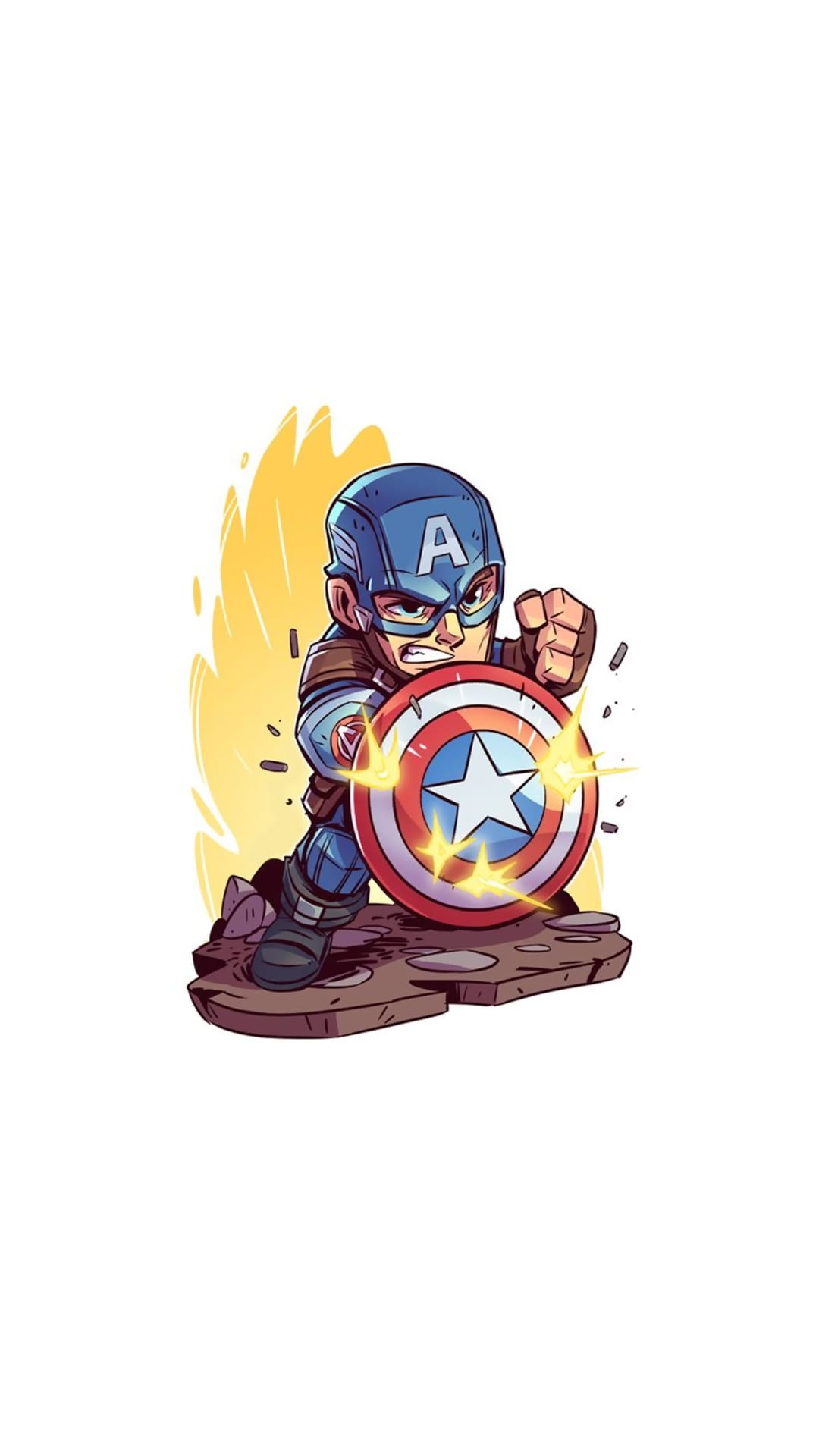 Captain America in chibi form holds his circular shield defensively with a focused and heroic expression.