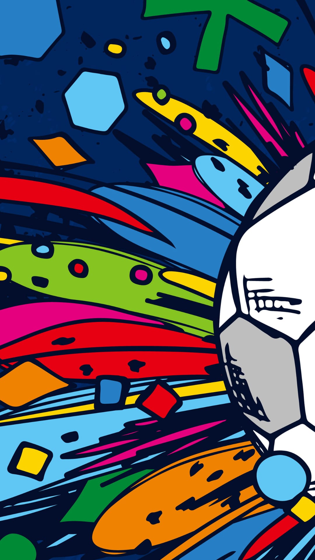 Soccer ball surrounded by a vibrant explosion of pink, blue, and yellow geometric shards and fluid lines.