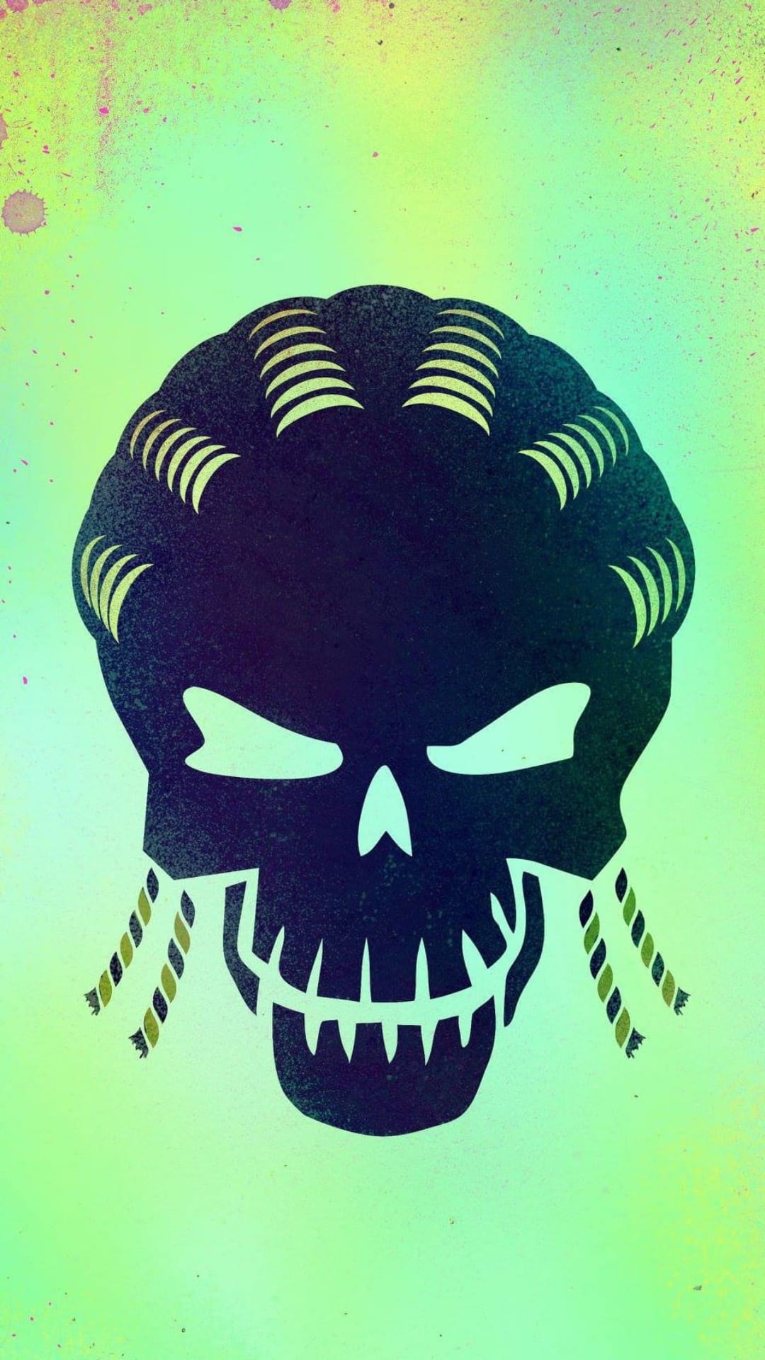 Black skull with gold-striped dreadlocks and glowing eyes against a textured lime green and teal background.