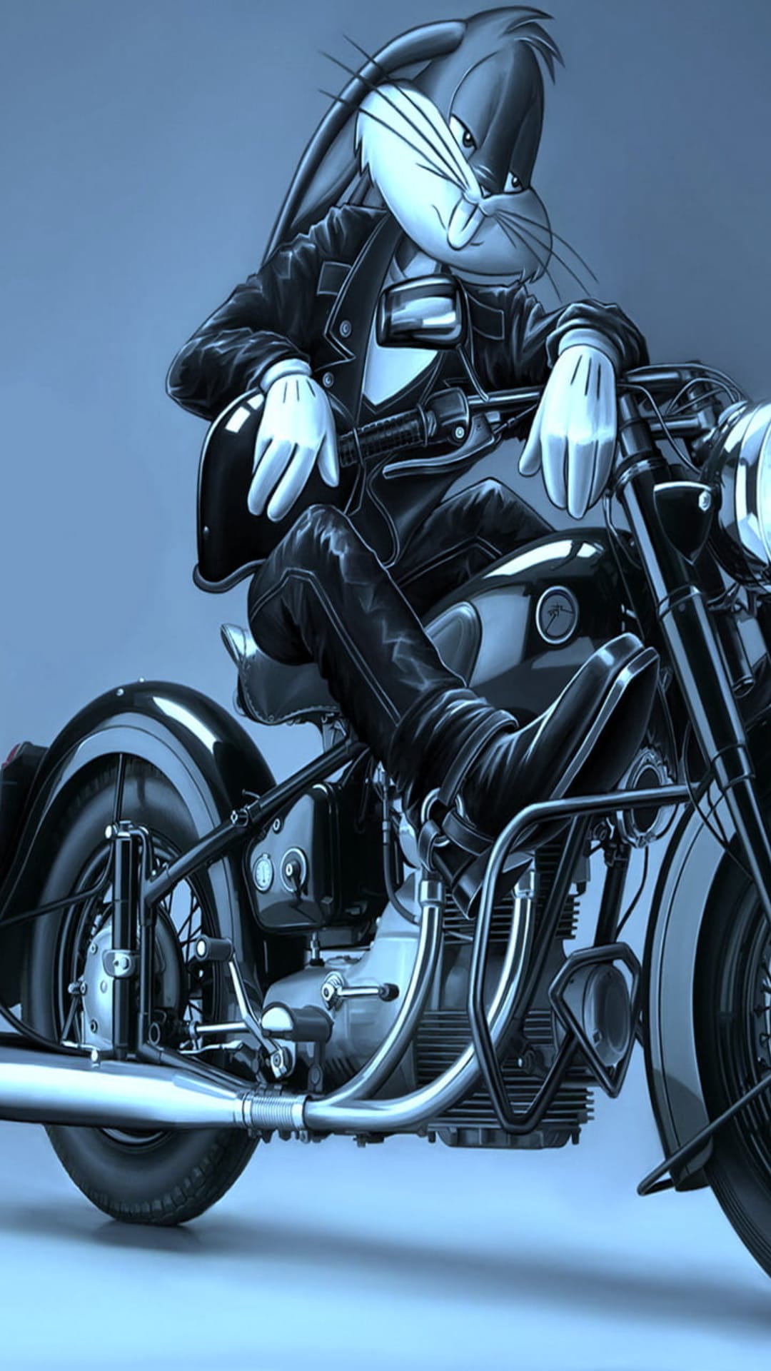 Bugs Bunny wears a leather jacket and sits on a motorcycle with a blue monochromatic filter applied to the scene.