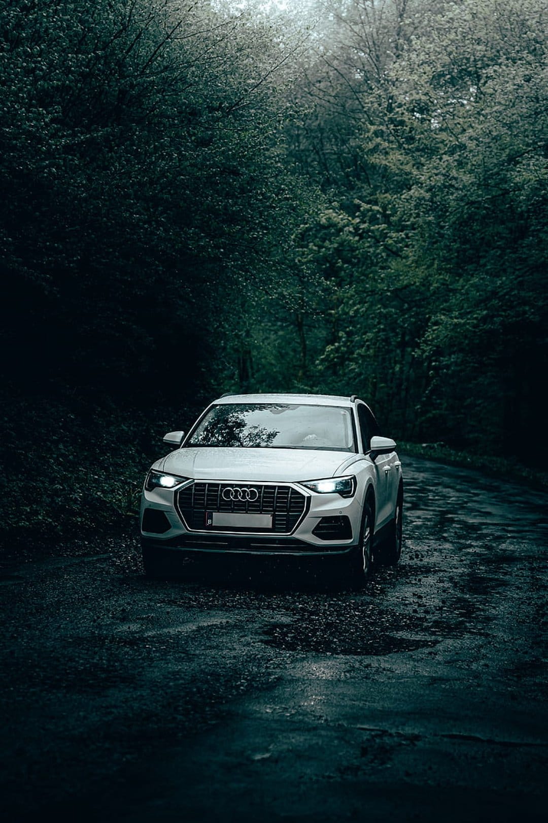 White Audi SUV parked on a dark wet forest road surrounded by dense green pine trees and moody shadows.