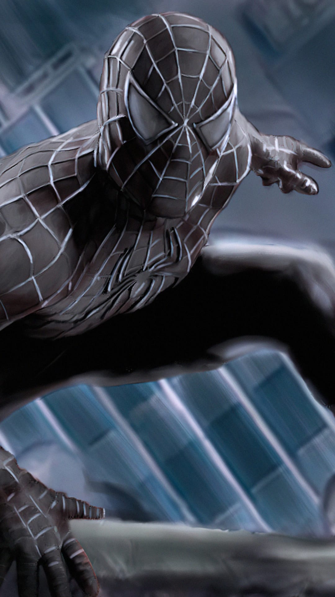 Spider-Man in a black symbiote suit leaps through a blurred cityscape with glowing lights and tall skyscrapers.