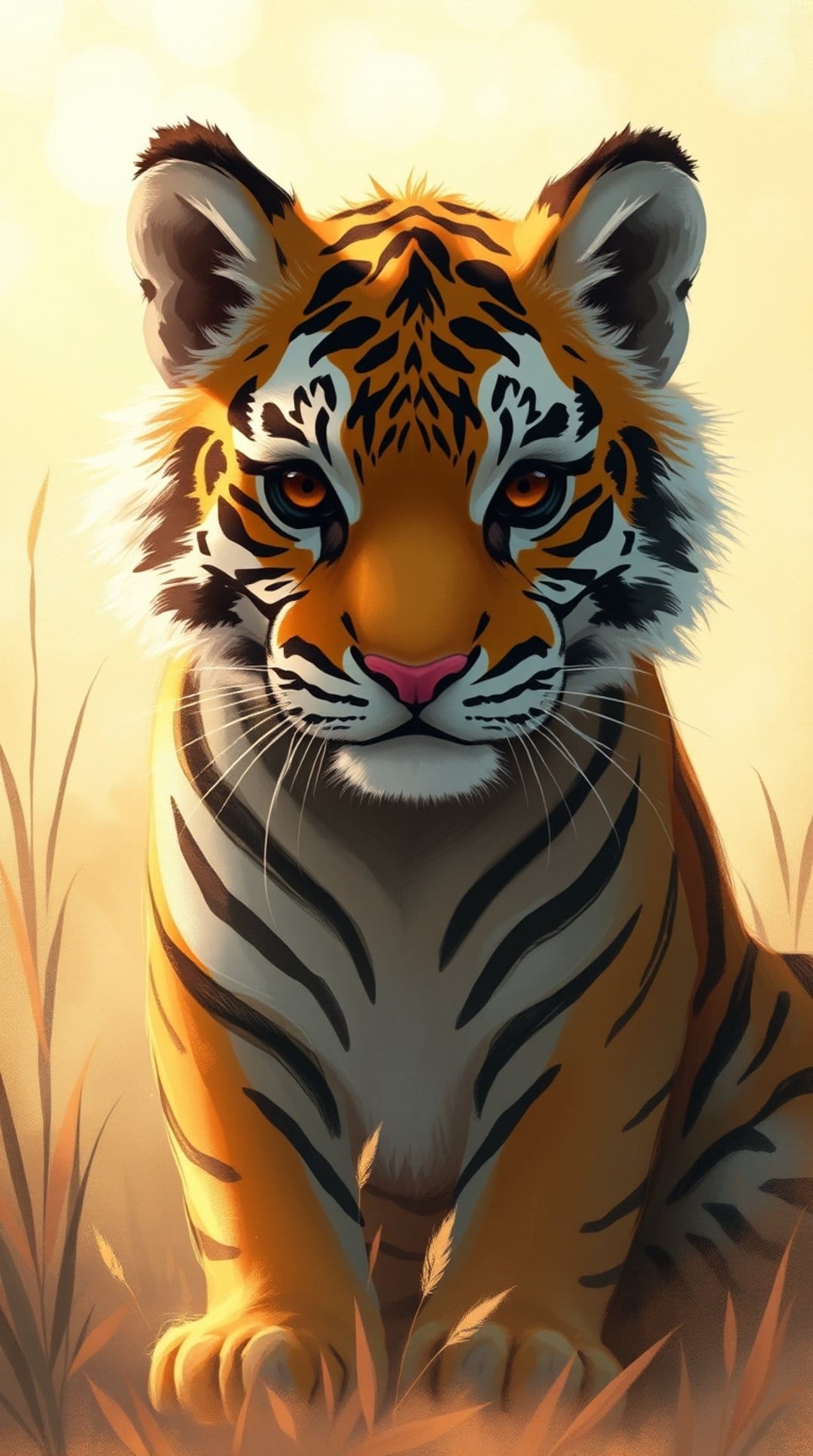 Tiger cub with orange eyes and black stripes sits in tall grass illuminated by warm golden sunlight.
