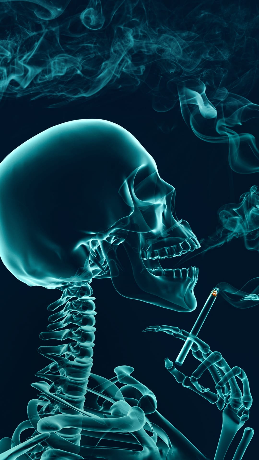 Skeleton skull and torso hold a glowing cigarette with thick swirls of teal smoke against a pitch black background.