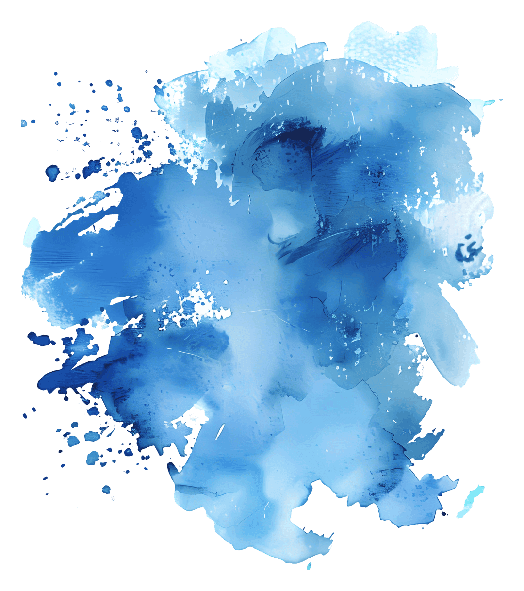 Blue watercolor splash featuring fluid pigment blooms and organic splatters on a transparent background.