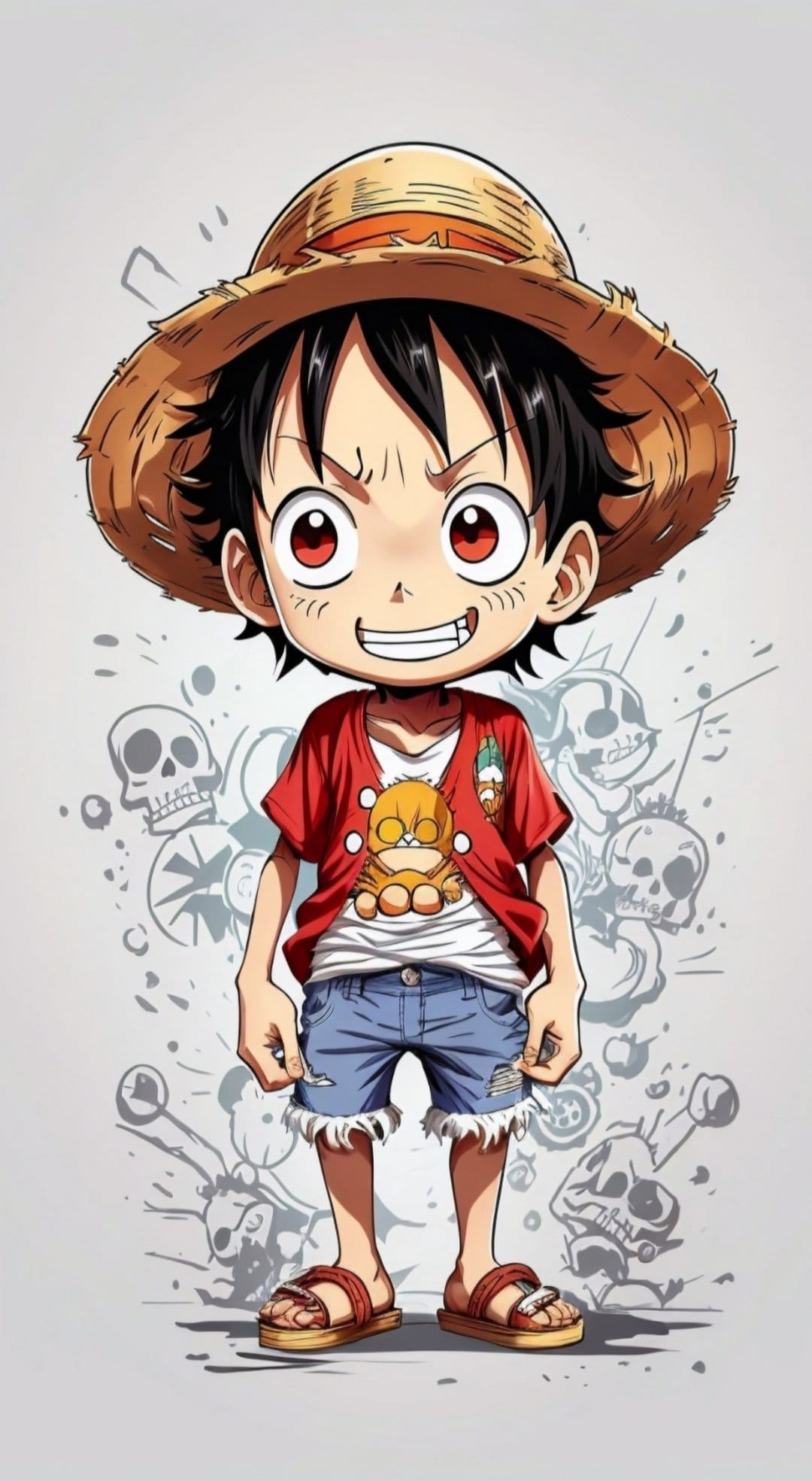 Anime boy with a straw hat and red shirt smiles in front of a sketchy skull graphic for a mobile backdrop.