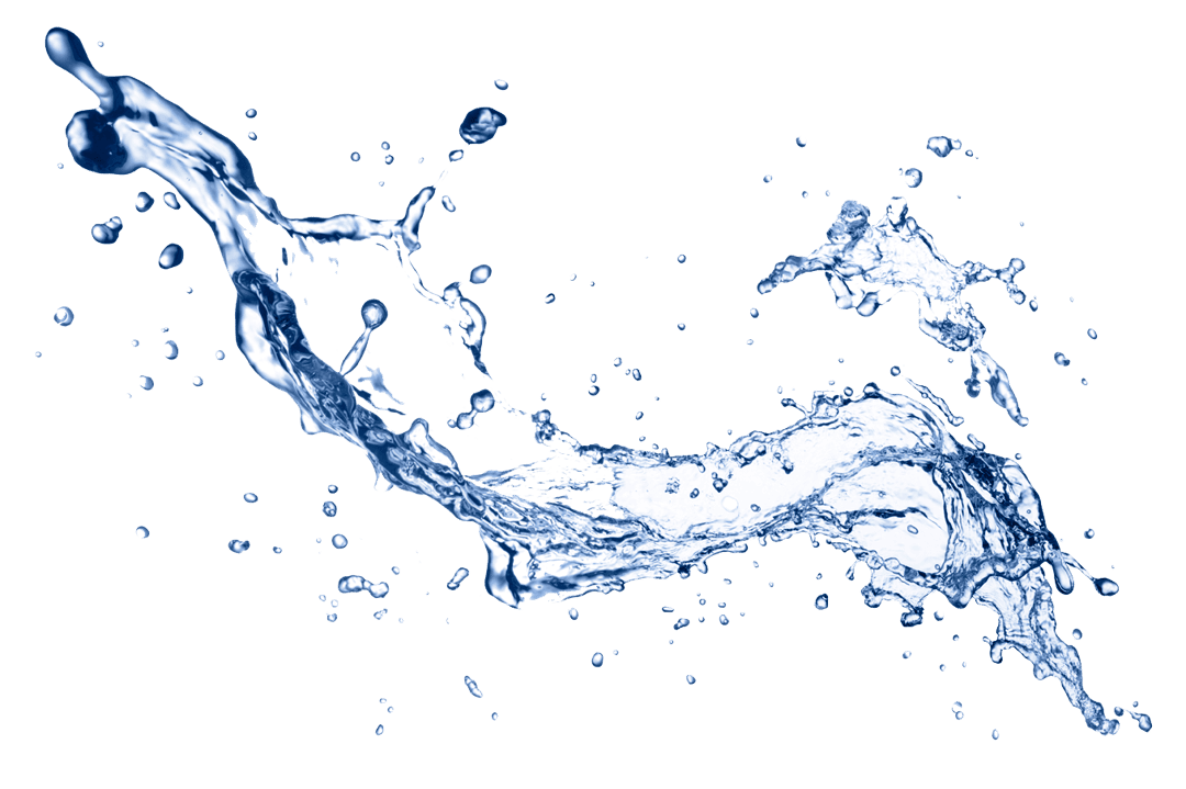 Blue water splash creates energetic waves and tiny droplets against a transparent background in high-speed motion.