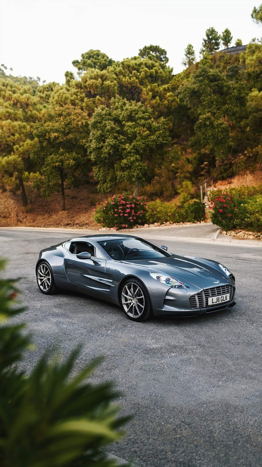 Gray Aston Martin One-77 supercar on an asphalt road with pink flowers and green trees in the background.