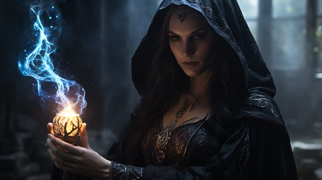Hooded sorceress stares intently while holding a glowing blue orb that emits swirling magical energy and smoke.
