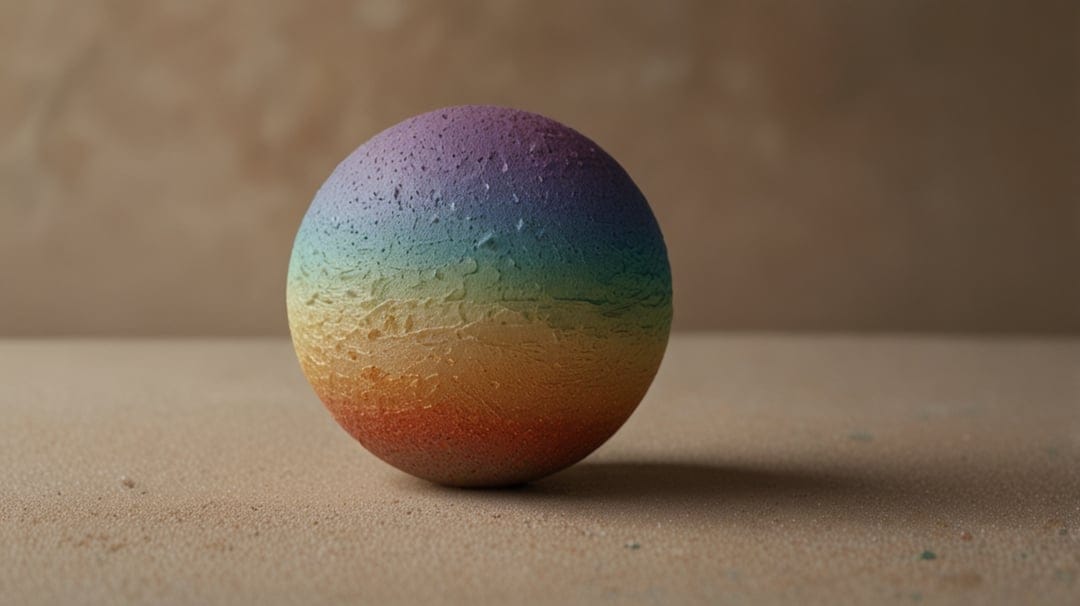 Textured rainbow sphere with red, orange, yellow, and blue bands sits on beige sand with a soft shadow to the right.