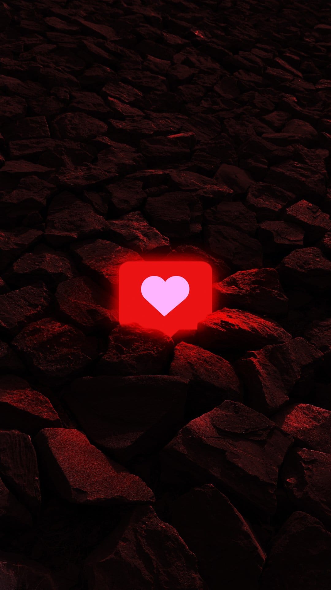 Glowing pink heart icon within a red neon square sits atop textured black volcanic stone formations.