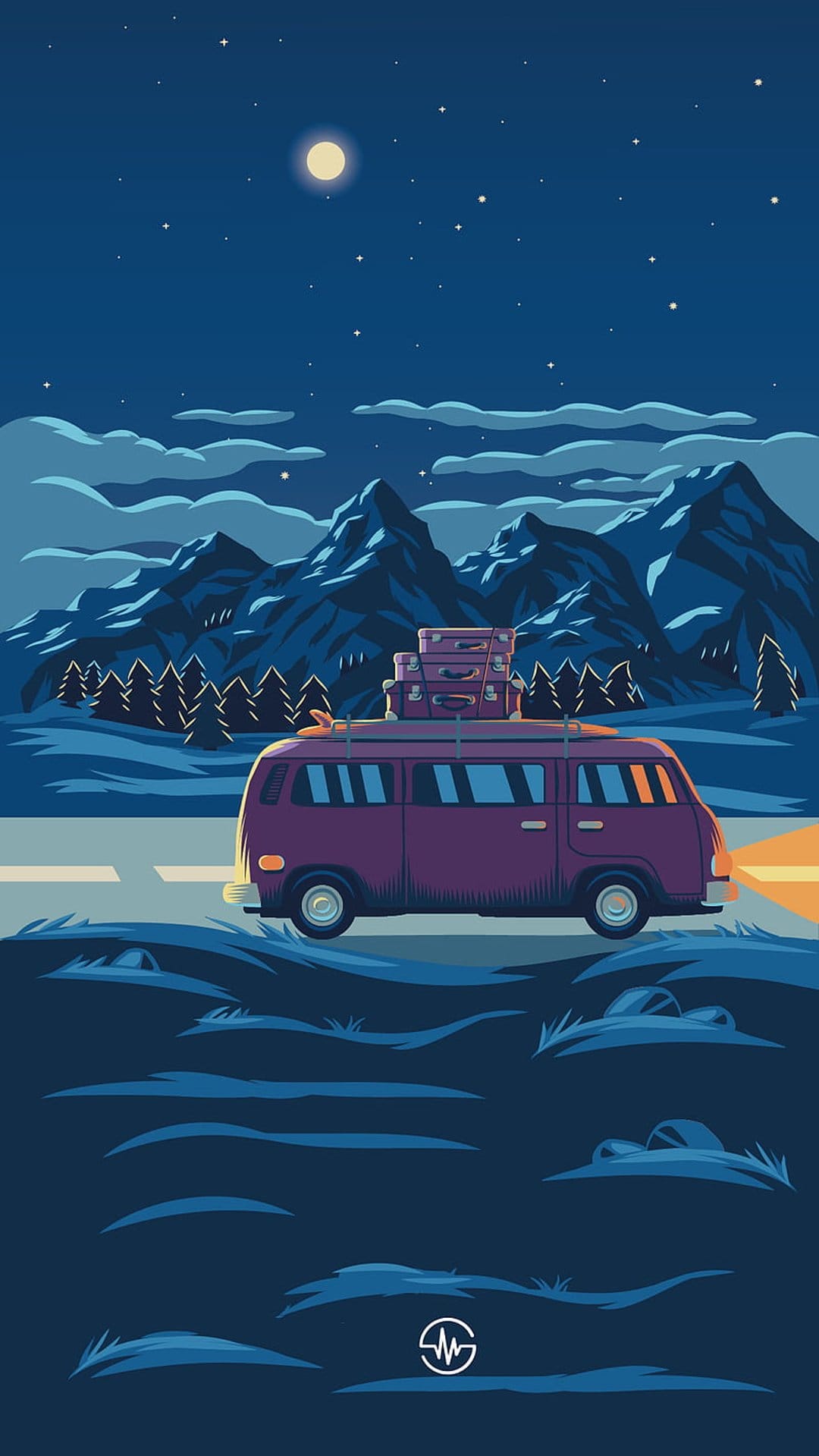 Purple vintage van with roof luggage travels a winding road toward moonlit mountains under a starry sky.