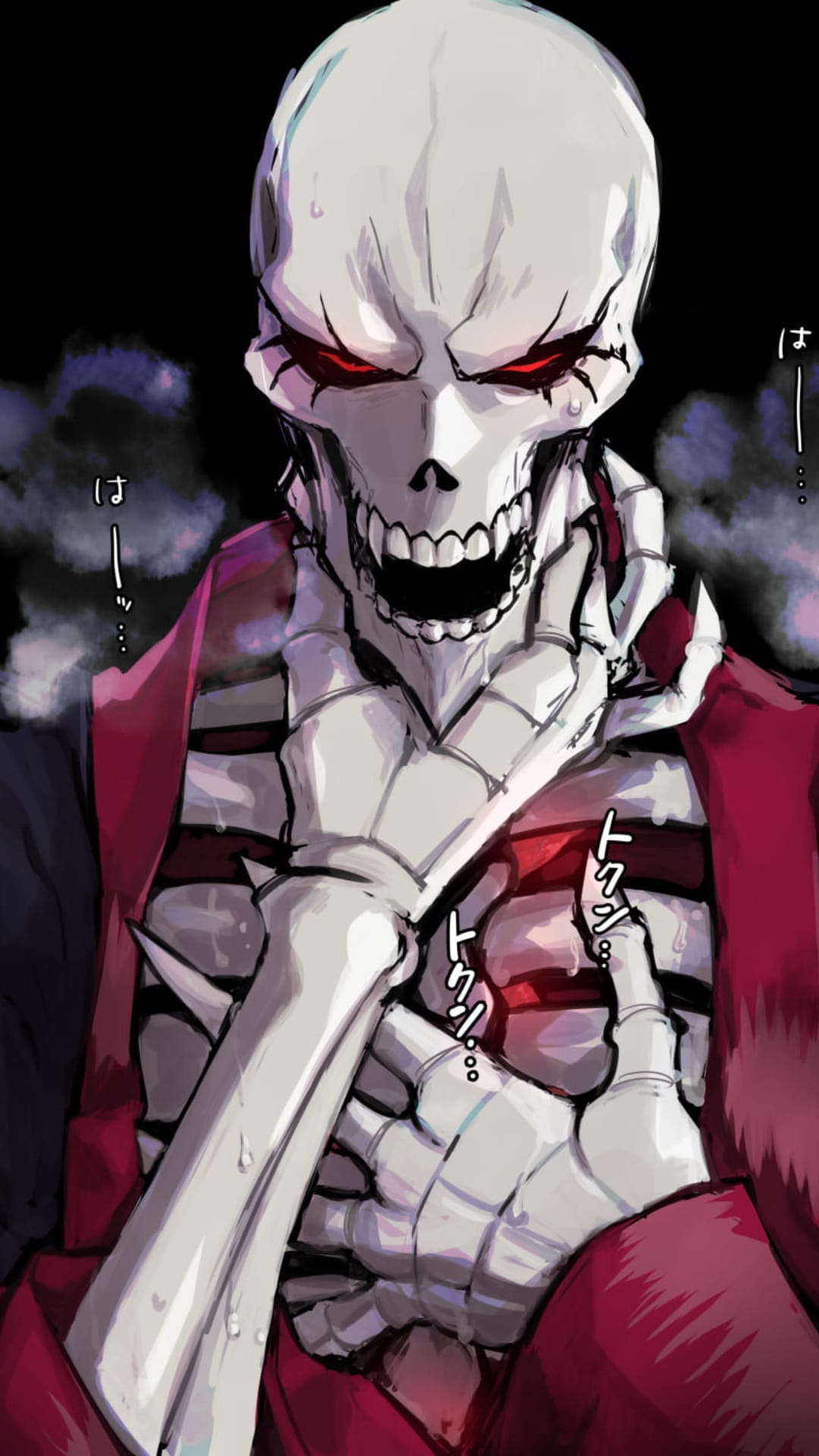 Ainz Ooal Gown skeleton with glowing red eyes wearing ornate red robes amidst smoke and Japanese calligraphy.