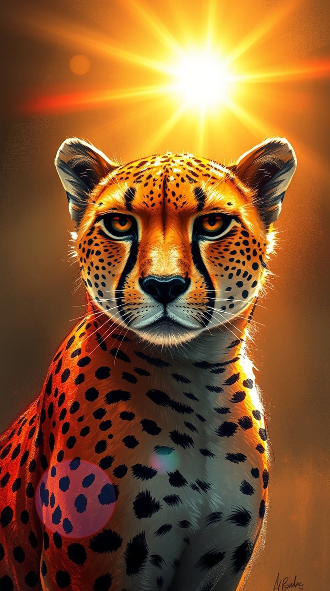 Cheetah face with golden fur and dark spots gazes forward under a bright light source against a black background.