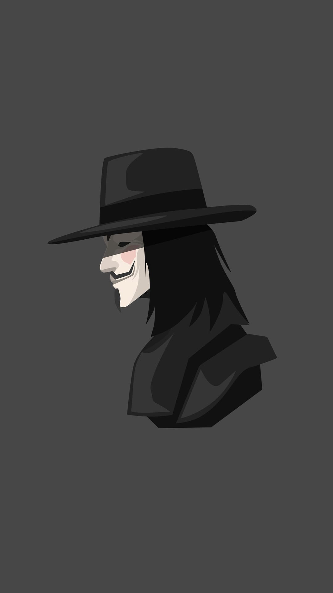 Guy Fawkes mask in profile wearing a black wide-brimmed hat and cloak against a solid dark gray background.