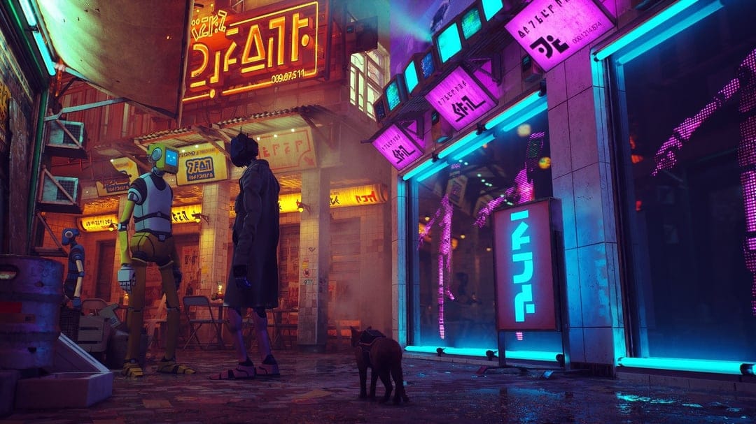 An orange cat walks toward two tall robots in a neon-lit alley with glowing cyan and pink signs and screens.