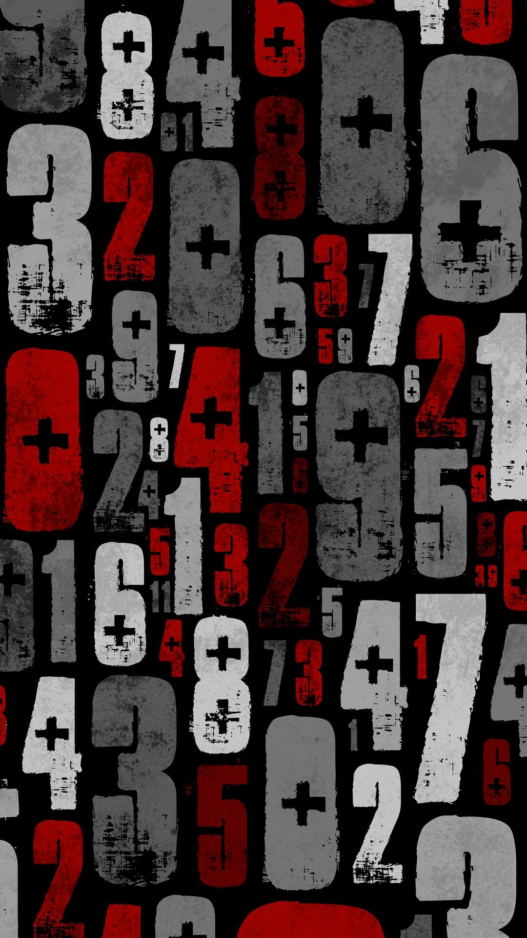 Red, white, and gray distressed numbers with plus signs on a black background with a weathered grunge texture.