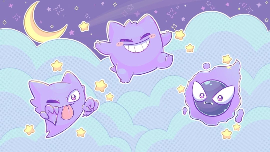 Gengar, Haunter, and Gastly floating above pastel blue clouds under a yellow crescent moon in a starry purple sky.